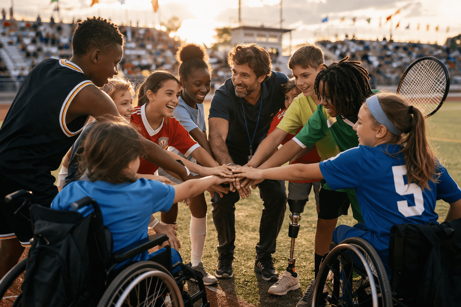 Ragazzi di diverse abilità che fanno sport insieme, mani unite al centro